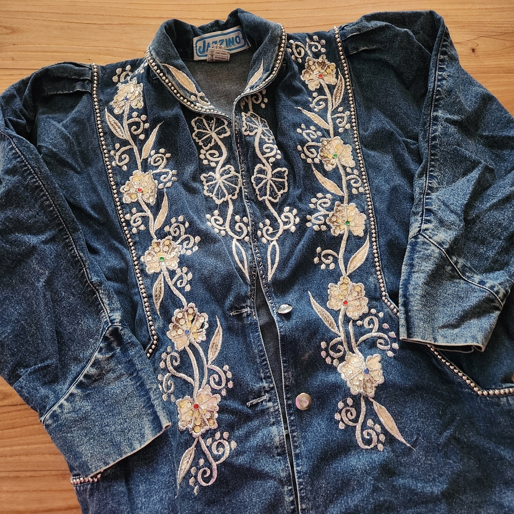 Vintage Jazzino Dolman Studded Denim Jacket w/Metallic Floral Emb. - S/M/L/XL